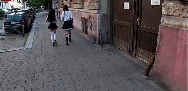  Having Fun with 2 hot schoolgirls that come back home
